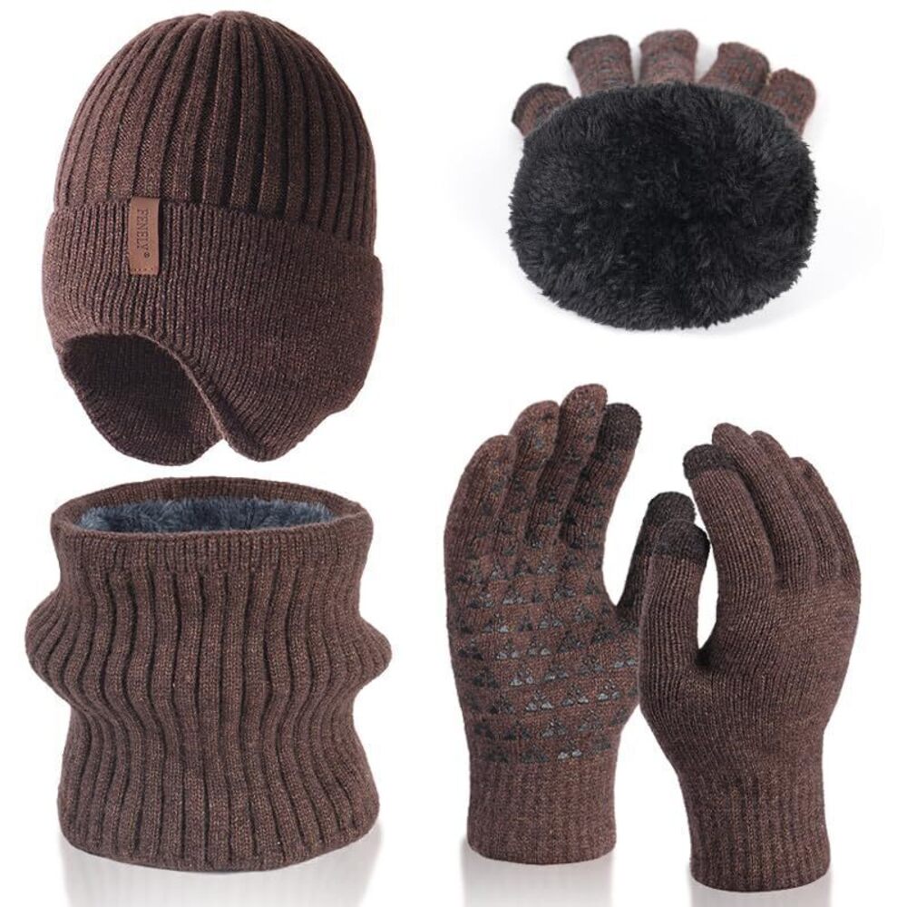 4829 Beanie Hat Scarf Touchscreen Gloves Set Winter Warm Knit Fleece Lined